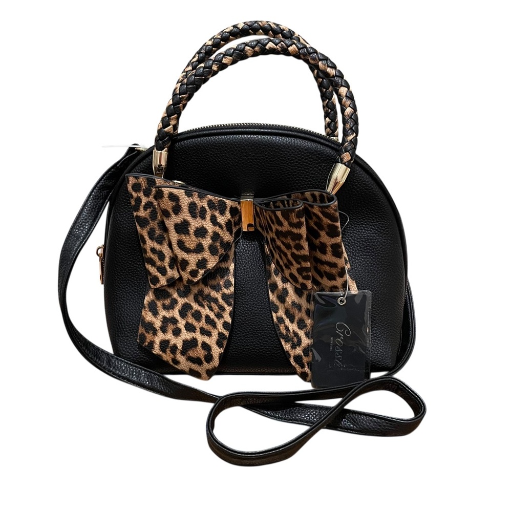 Crossi Like Dreams Leopard Top Handle Small Bow Handbag Crossbody Black Brown - Picture 3 of 11